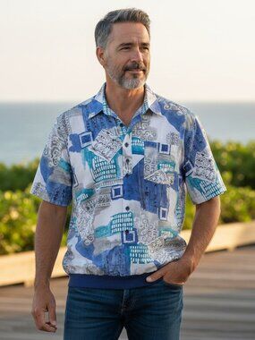 1980's Dad Pullover Shirt Size XL Ribbed Hem Pocket Polyester Cruise Theme Night